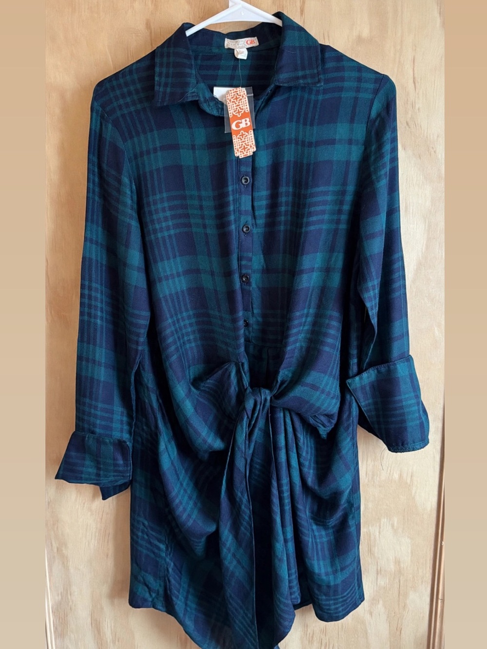 Gianni Bini Navy and Green Plaid Button-Front Tie Shirt